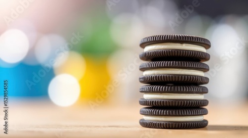 Stack of 5 Oreo cookies with white cream filling on a wooden surface blurry colored background