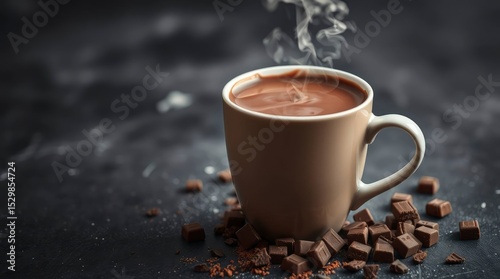 Steaming hot chocolate in a beige mug surrounded by scattered chocolate pieces on a dark surface