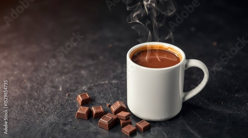 Steaming mug of hot chocolate next to chocolate squares on a dark surface
