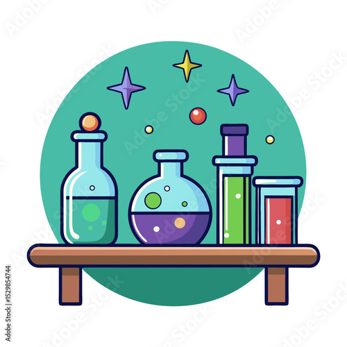Colorful cartoon science lab with potions on a wooden shelf illustration