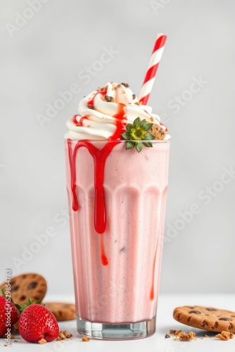 Strawberry milkshake with whipped cream drizzle straw  cookies