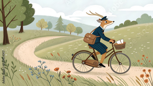 A deer character rides a bicycle along a winding path in a serene landscape. The scene features trees, flowers, and rolling hills in a whimsical style.