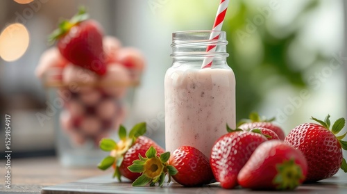 Strawberry smoothie in a jar with striped straw  fresh strawberries on a table A cup of strawberry parfait is blurred in the background