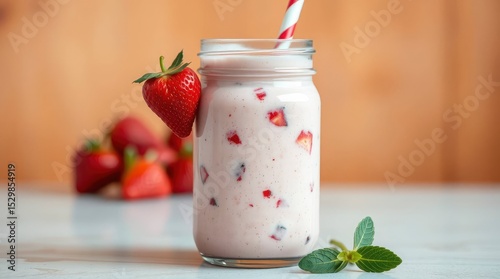 Strawberry smoothie in glass jar with straw  fresh strawberries on table brown background