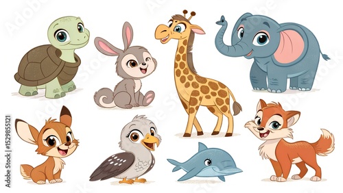 A collection of cute cartoon animals including a turtle, rabbit, giraffe, elephant, dolphin, fox, deer, and bird. Each animal has a friendly expression.