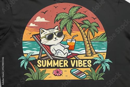A cartoon cat relaxes in a beach chair wearing sunglasses. Tropical palm trees and a sunset create a vibrant summer scene. A drink sits beside the cat.