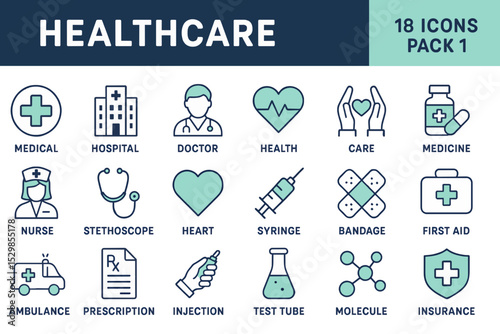 Unique 18-piece healthcare icon set featuring medical and hospital symbols in mint green