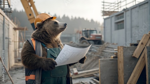 A bear wearing a hard hat and work vest holds blueprints at a construction site. Heavy machinery and building materials are visible in the background.