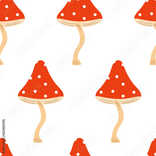 Seamless mushroom pattern with a red cap and white dots on a white background. Vector seamless pattern.