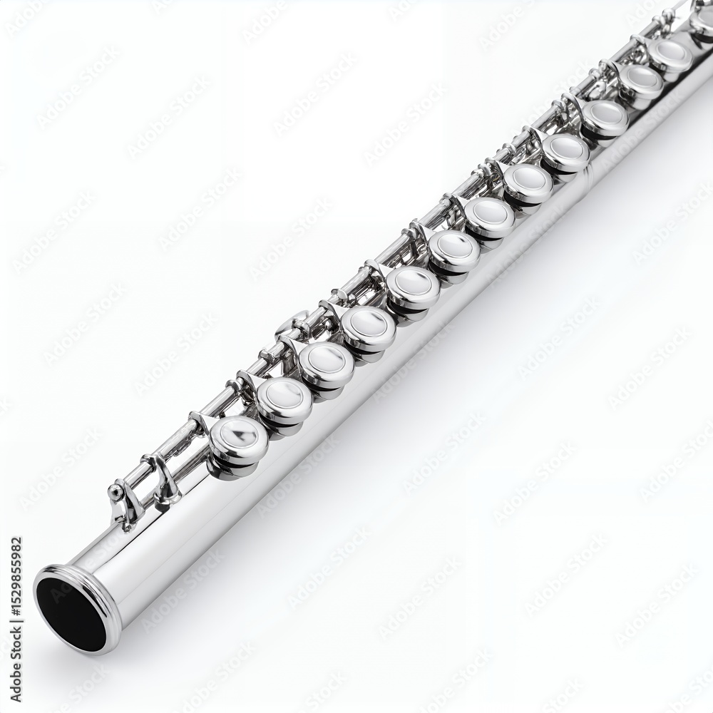 Fototapeta premium Refined silver flute instrument close-up captures gleaming artistry and precision on white background