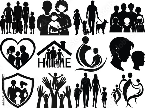 Silhouette Graphics Collection Featuring Various Family Structures, Parental Love, and Community Support Illustrations