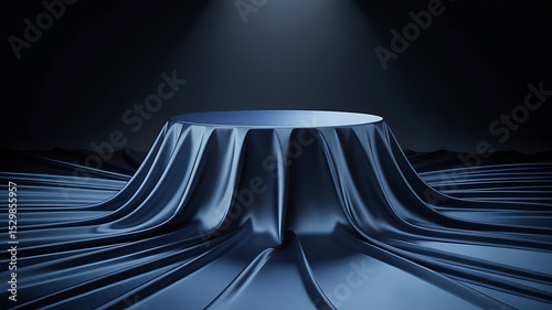 Round podium or pedestal covered with elegant blue silk fabric under a spotlight. Product reveal or showcase concept