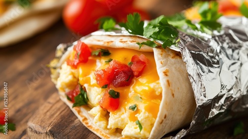 A delicious breakfast burrito containing eggs cheese and tomatoes