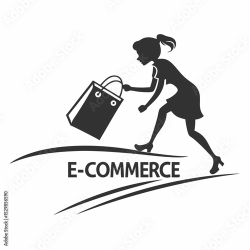 E-commerce woman silhouette carrying shopping bag on white