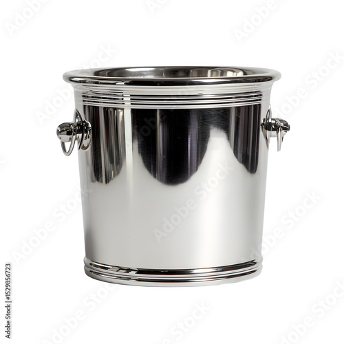 Designer stainless steel ice bucket, sleek and shiny finish, perfect for home bar setups - Isolated on a white background.