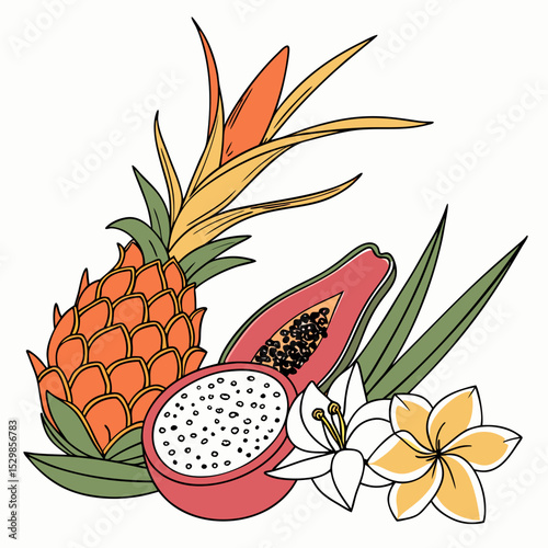 Tropical fruits and flowers composition isolated on white