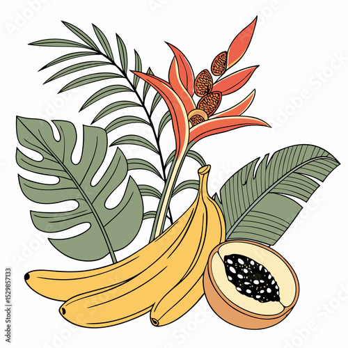 Tropical fruits bananas papaya monstera leaves floral design