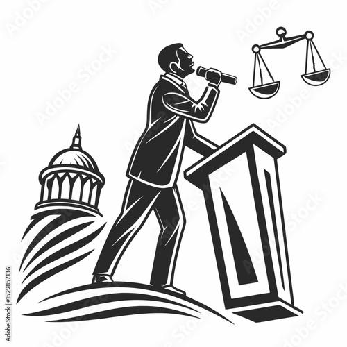 Lawyer giving speech justice scales courthouse