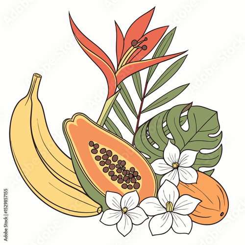 Tropical fruits bananas papaya flowers leaves design