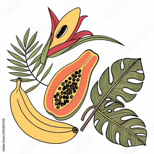 Tropical fruits banana papaya monstera leaves floral design