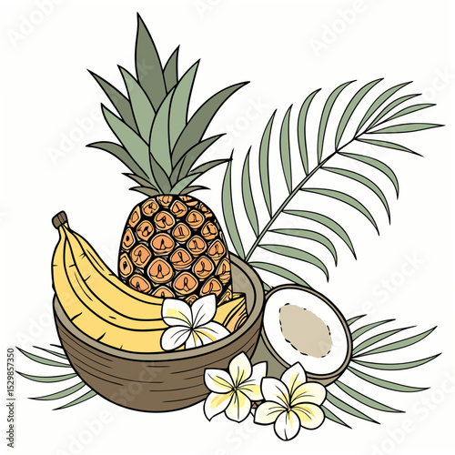 Tropical fruits in wooden bowl with palm leaves and plumeria