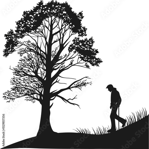 Elderly man walking alone beside a large tree