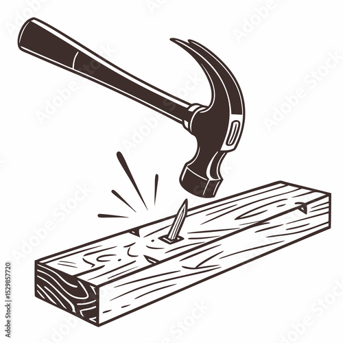 Hammer driving nail into wooden plank construction