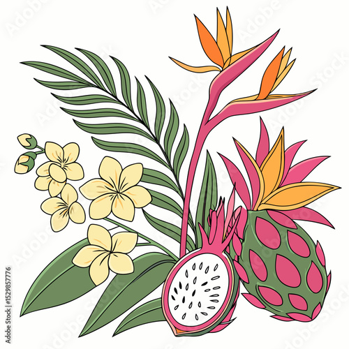 Tropical floral arrangement with dragon fruit and bird of paradise