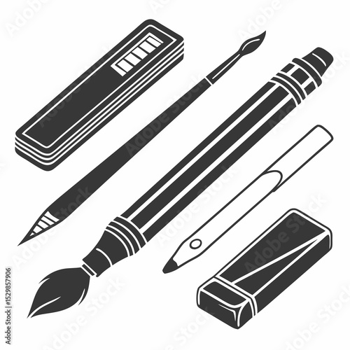 Art supplies collection pencil brush eraser crayons