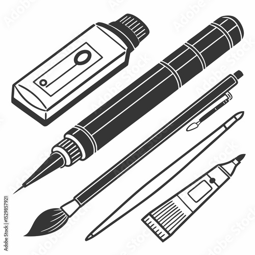 Art supplies collection ink pen paintbrush markers