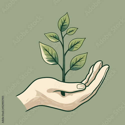 Hand holding a vibrant green plant sprout, symbolizing nature's growth, ecology, and environmental care