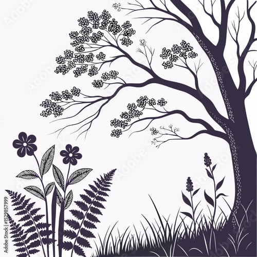 Elegant silhouette of tree flowers ferns grass