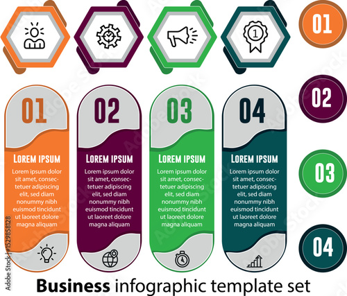 Modern Business Infographic Vector Template – Web Design Layout with Numbered Steps, Diagram Icons, Banners, Labels, Arrows, Signs, and Concept Presentation Elements for Brochures and Websites