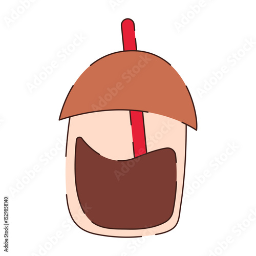 Beige plastic takeaway coffee cup with brown lid and red straw for a cold summer drink.