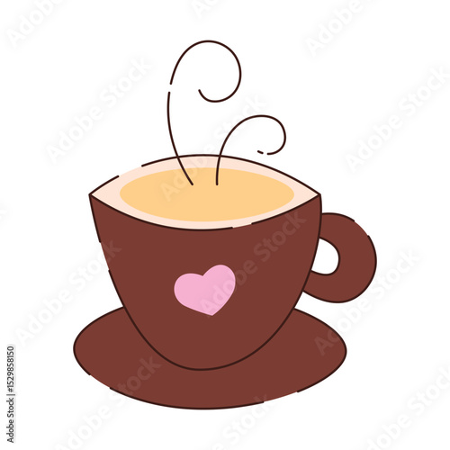 A cute brown cup with a saucer with a hot drink, and steam rising from it. The cup has a pink heart on it.,