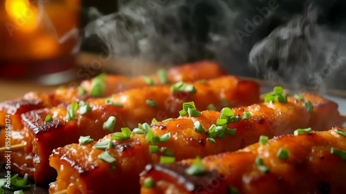 Grilled salmon fillets with herbs and lime served on a wooden board