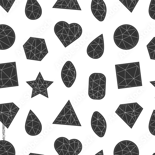 Seamless pattern of various jewels in black, creating the effect of a mosaic or crystal structure.