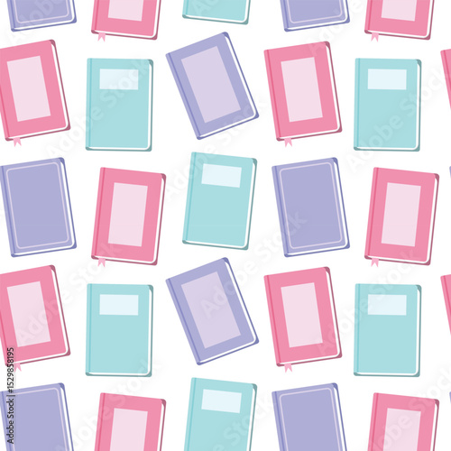 Seamless repeating pattern of stylized books with covers in pastel colors: pink, blue, purple and mint.