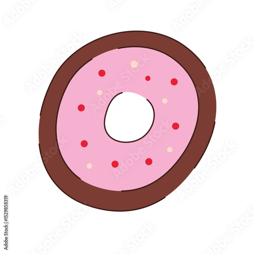 A cute brown sweet donut with pink icing and red and beige sprinkles.