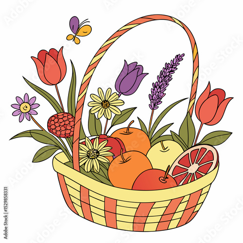 Spring fruit basket with tulips and flowers