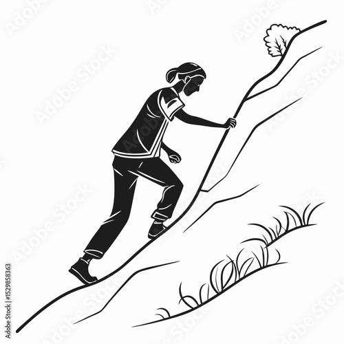 Woman hiking up steep mountain side silhouette