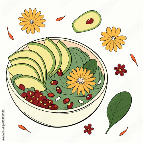 Delicious avocado spinach bowl with pomegranate and flowers