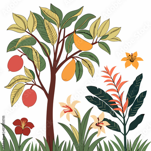 Tropical fruit tree with exotic flowers and lush greenery
