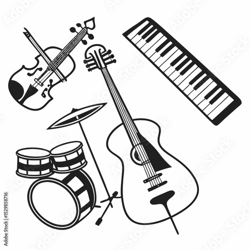 Musical instruments collection violin guitar drums keyboard