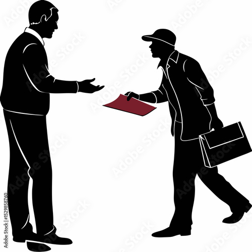 Businessman receiving documents from courier silhouette