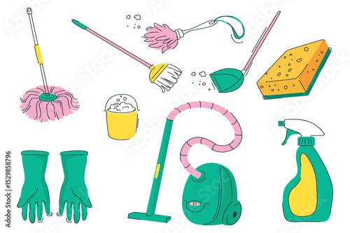 Set of different cleaning equipment in cartoon style. Vector illustration: rubber gloves, vacuum cleaner, mops, bucket with foam, broom with dustpan, sponge, detergent isolated on white background.
