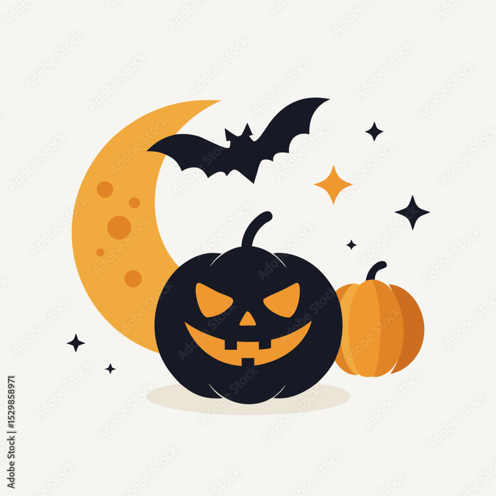 Naklejka premium Halloween Vector Pumpkin Bat Moon White Background Minimal