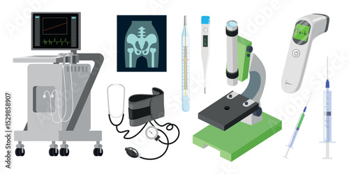 Set of medical equipment in cartoon style. Vector illustration: endoscopy, x-ray, stethoscope, mechanical blood pressure meter, mercury, electronic, non-contact thermometers, microscope, syringes.