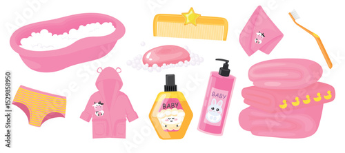 Set of things for children's hygiene in cartoon style. Vector illustration: baby bath, soap with foam, comb, bath towels, panties, bathrobe, toothbrush, cream, shampoo isolated on white background.