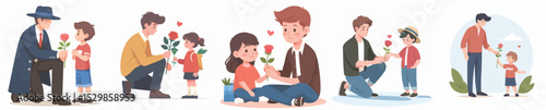 vector of young man giving roses to little boy